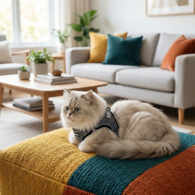 harnais anti-fuite pour chat Chic et laisse gris sur chat