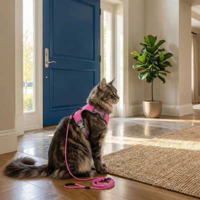 harnais anti-fuite pour chat Chic et laisse rose sur chat