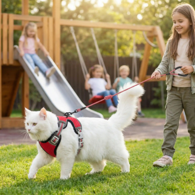 harnais anti-fuite pour chat Chic et laisse rouge sur chat