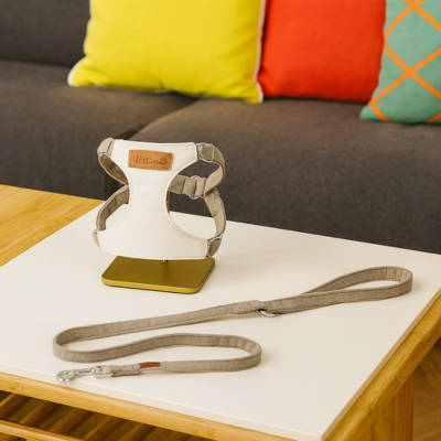 hanais anti-fuite pour chat en cuir beige avec laisse sur table