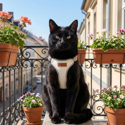 hanais anti-fuite pour chat en cuir beige sur chat noir