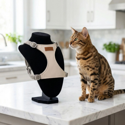 hanais anti-fuite pour chat en cuir beige avec chat bengal