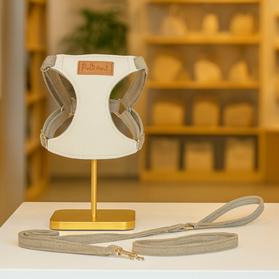 hanais anti-fuite pour chat en cuir beige sur présentoir