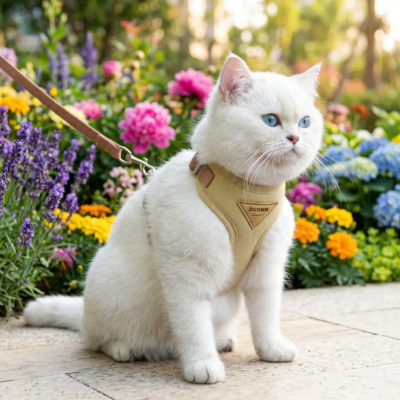 harnais anti-fuite pour chat Pastel beige sur chat