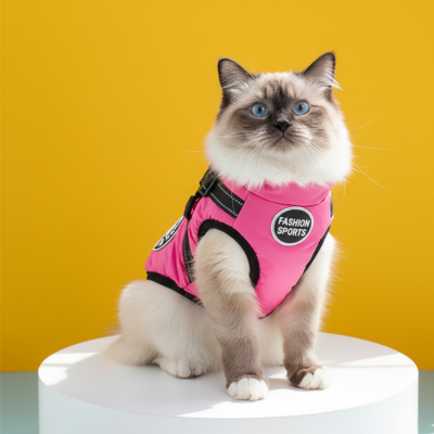 harnais avec manteau rose sur ragdoll