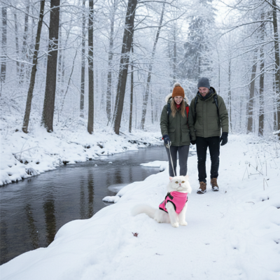 harnais avec manteau rose balade sous la neige
