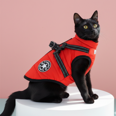 harnais avec manteau rouge sur chat noir