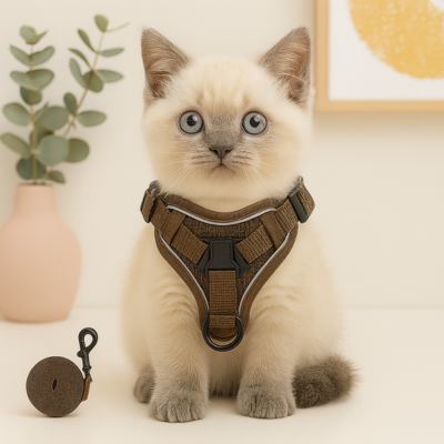 harnais chat confortable et laisse brun chaton