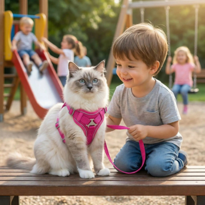 harnais chat confortable et laisse magenta sur chat