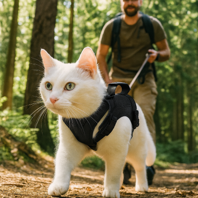 harnais chat noir balade en forêt