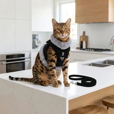 harnais chat avec laisse noir bengal