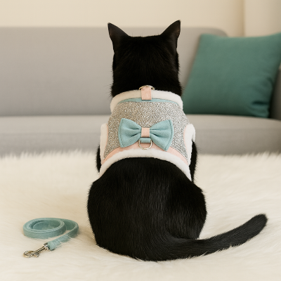 harnais pour chat strass bleu sur chat noir