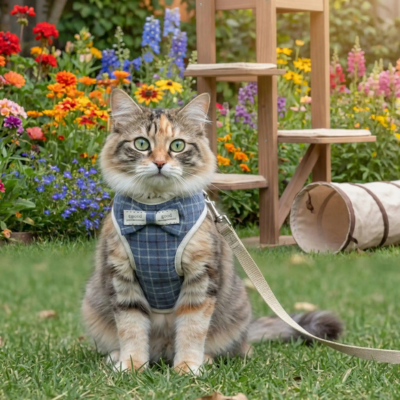 harnais pour chat et laisse Noeud Papillon bleu plaid sur chat