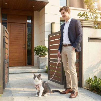 harnais pour chat et laisse Noeud Papillon rouge et blanc rayé sur chat