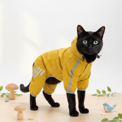 impermeable pour chat  jaune sur chat noir