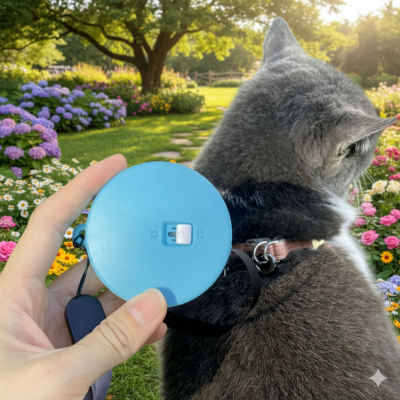 laisse pour chat rétractable et compacte bleue