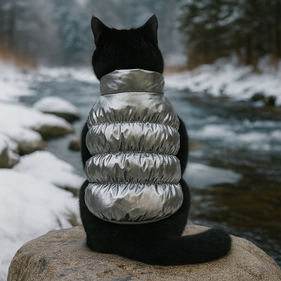 manteau hiver chat argent sur chat noir