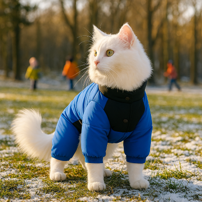 manteau hiver pour chat duvet bleu chat blanc