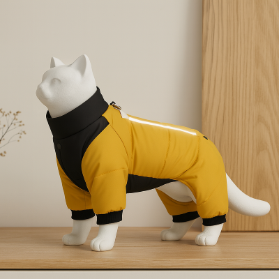 manteau hiver pour chat duvet jaune sur mannequin