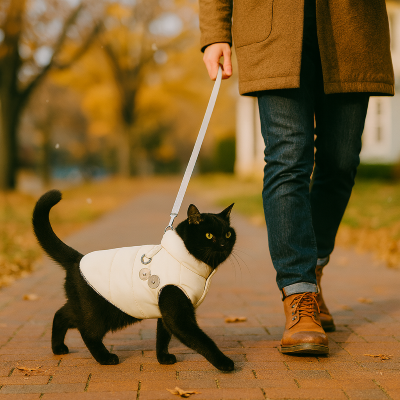 manteau pour chat frileux beige sur chat noir