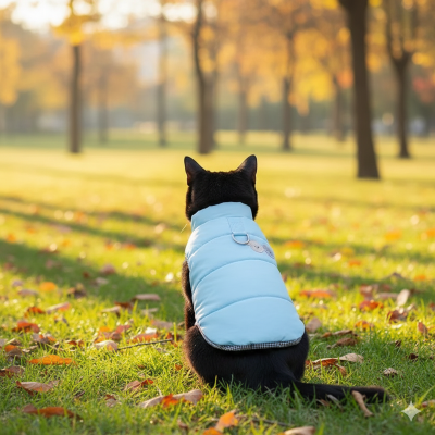 manteau pour chat frileux bleu sur chat noir