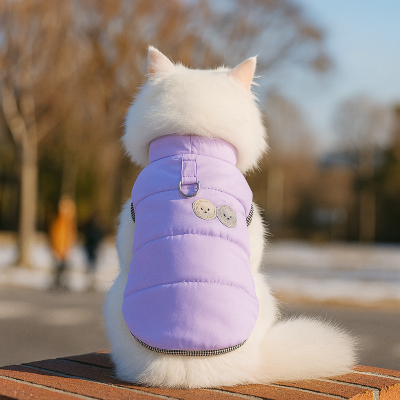 manteau pour chat frileux mauve sur chat blanc