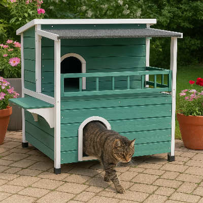 niche pour chat extérieur verte chat sortant