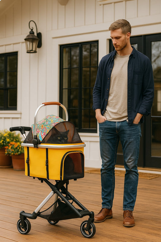 poussette animaux chariot jaune terrasse