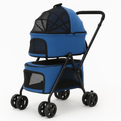 poussette pour animaux double étage bleue