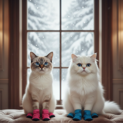 protège-pattes chat rose et bleu pâle sur chats