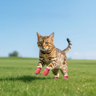 protège-pattes chat rose sur chat dans le gazon