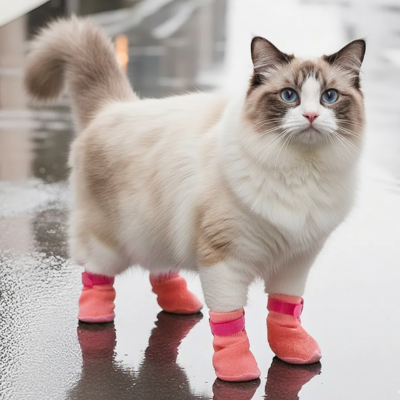 protège-pattes chat rose sur chat dans la pluie