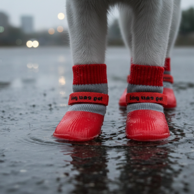 protège-pattes chat rouge dans la pluie