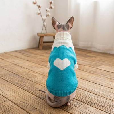 pull pour chat sphynx tricot bleu coeur blanc