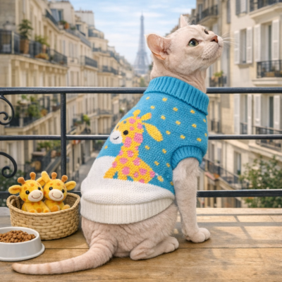 pull pour chat sphynx tricot bleu girage
