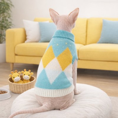 pull pour chat sphynx tricot bleu losanges