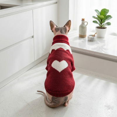pull pour chat sphynx tricot rouge coeur blanc