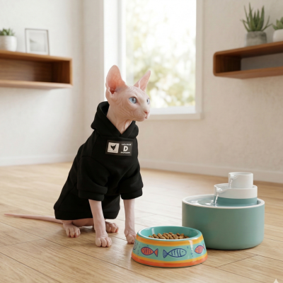 pull pour chat sphynx Sweat Mode chat dans la cuisine