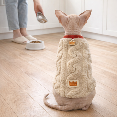 pulls pour chats sphynx douillet beige sur chat