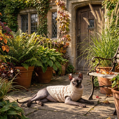 pulls pour chats sphynx Tricot Chaud beige sur chat dans le jardin