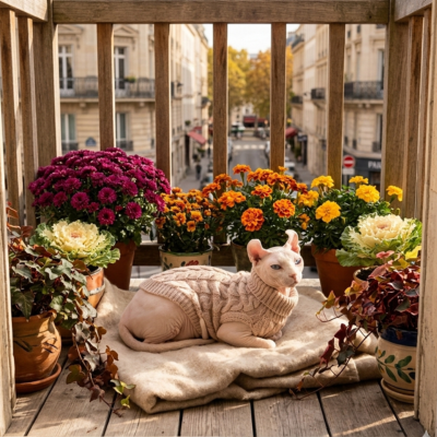 pulls pour chats sphynx Tricot Chaud beige sur chat au balcon