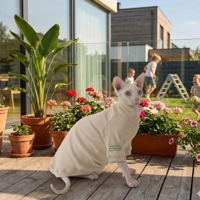 pyjamas pour chats sphynx Coton Printanier beige sur terrasse