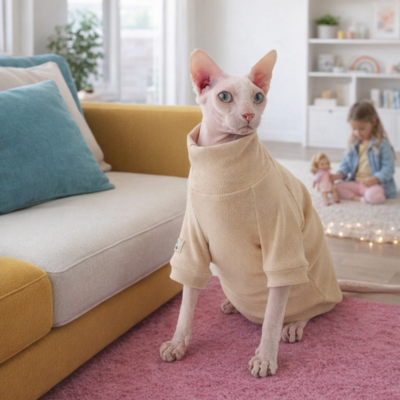 pyjamas pour chats sphynx Coton Printanier beige sur tapis