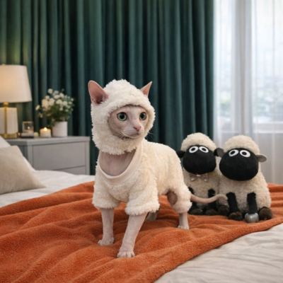 pyjamas pour chats sphynx Mouton Jersey sur chat et moutons sur lit