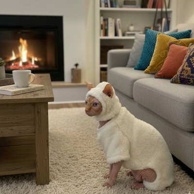 pyjamas pour chats sphynx Mouton Jersey sur chat au salon