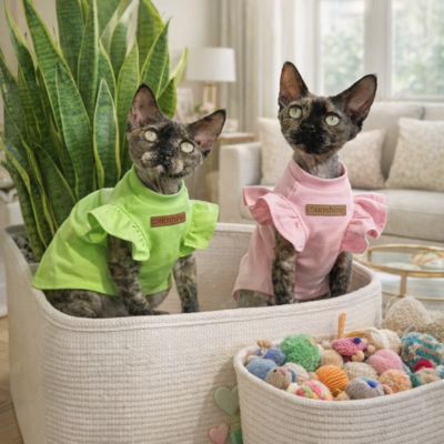 robe pour chat sphynx de fantaisie rose et verte de face