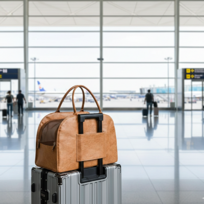sac à chat transport pour voiture et voyage brun sur valise
