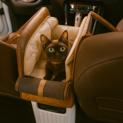 sac à chat transport pour voiture et voyage brun sur la console