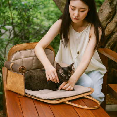 sac à chat transport pour voiture et voyage brun ouvert