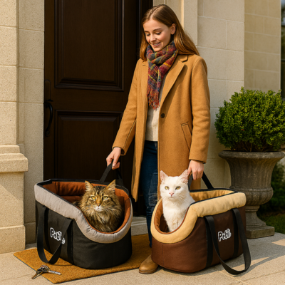 sac à chat transport moelleux double avec chats à l'extérieur